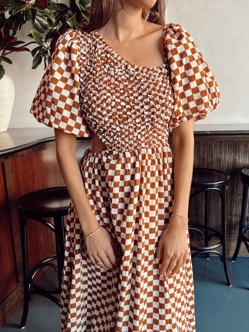 Vestique Women’s Brown and Cream Checkered Smocked Midi/Maxi Dress